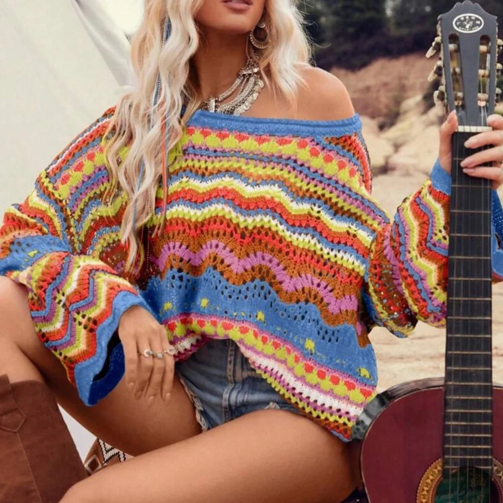 Cozy Multicolor Chevron Color Block Oversized Sweater Top